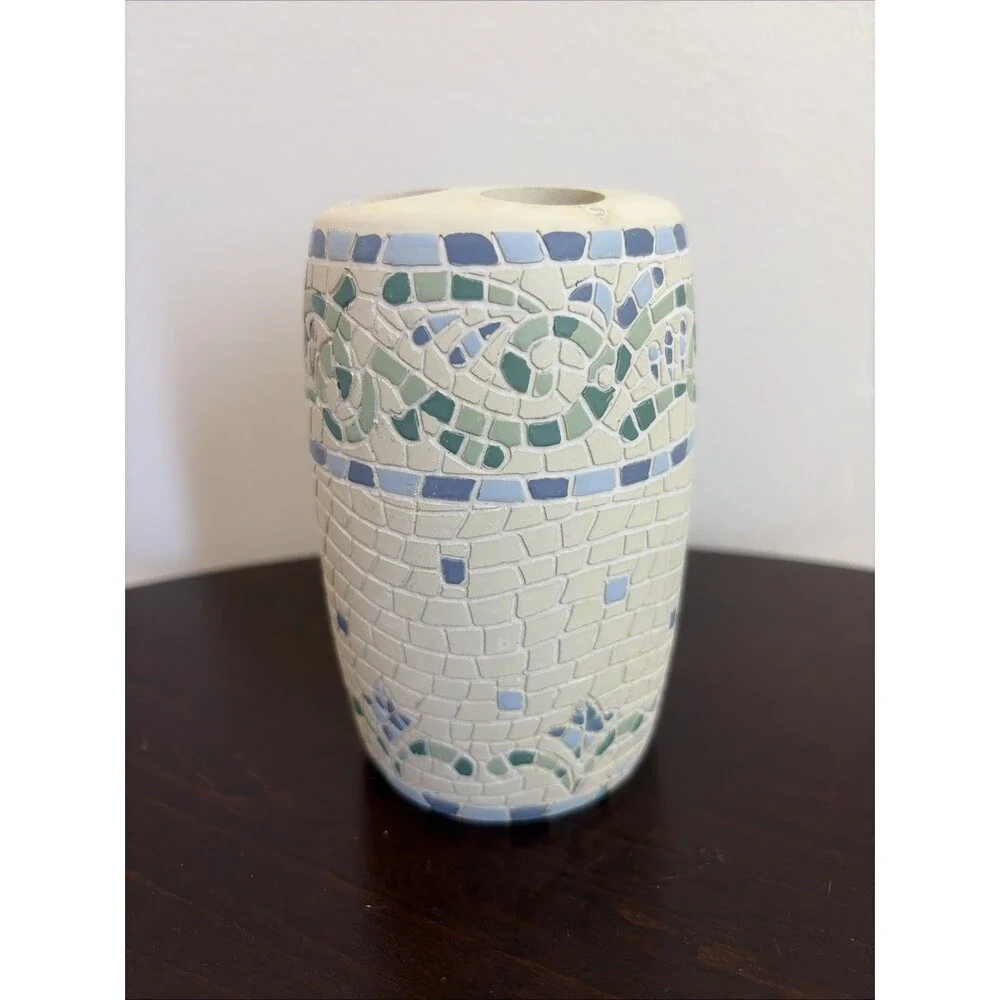 Casual Home Ceramic Toothbrush Holder Mosaic Blue Green And Cream 5 In Tall
